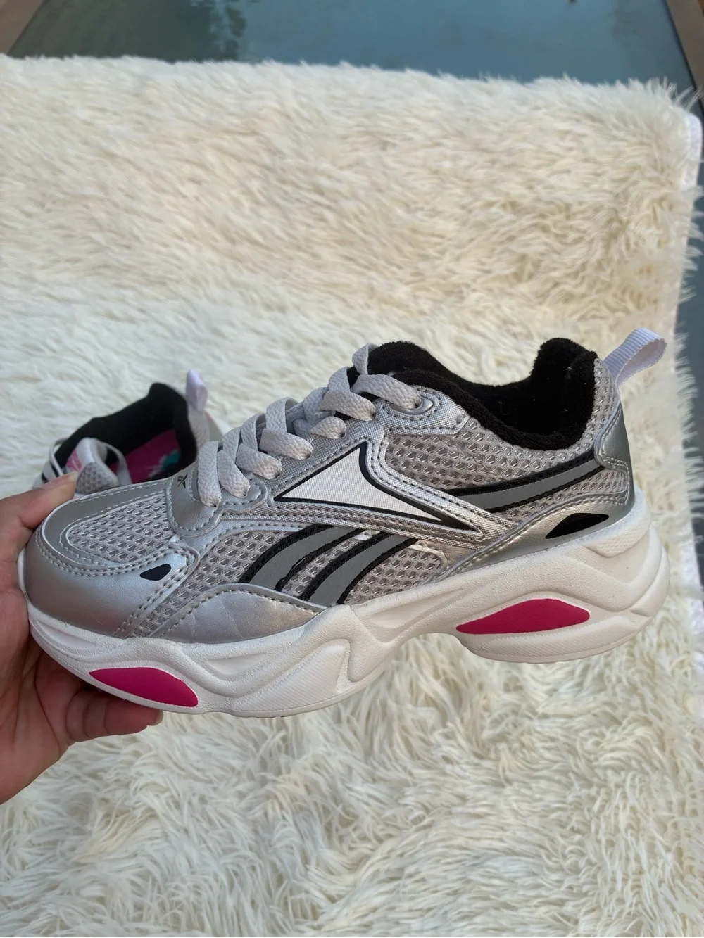 Reebok Silver, Black and Pink kids platforms Sneakers size 2